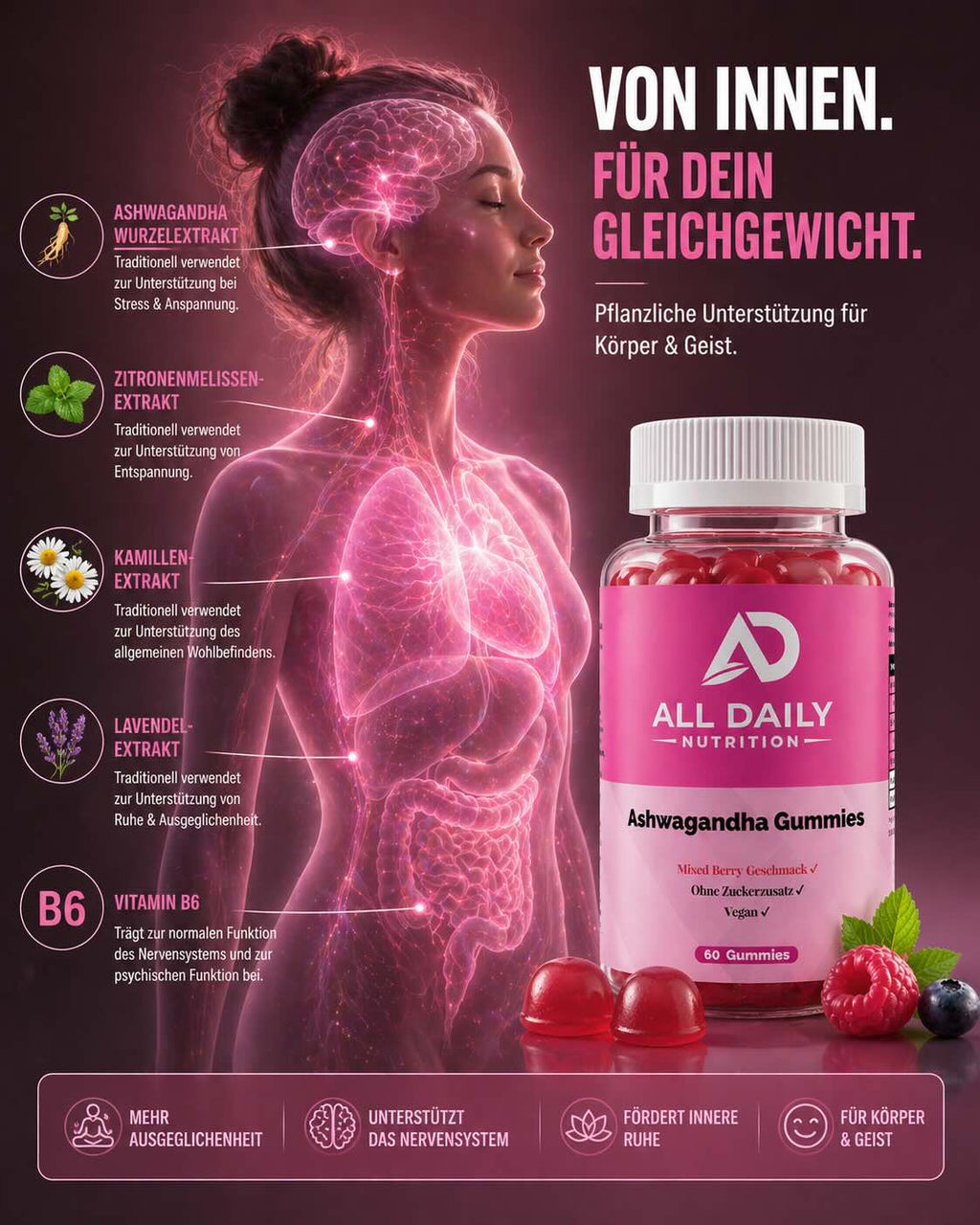 Premium Ashwagandha Gummies 300 + Vitamin B6,- 60 Stk