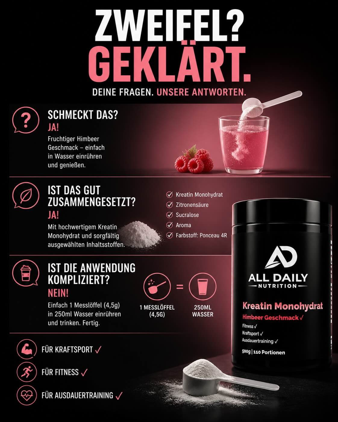 Kreatin Monohydrat Himbeere- 500g