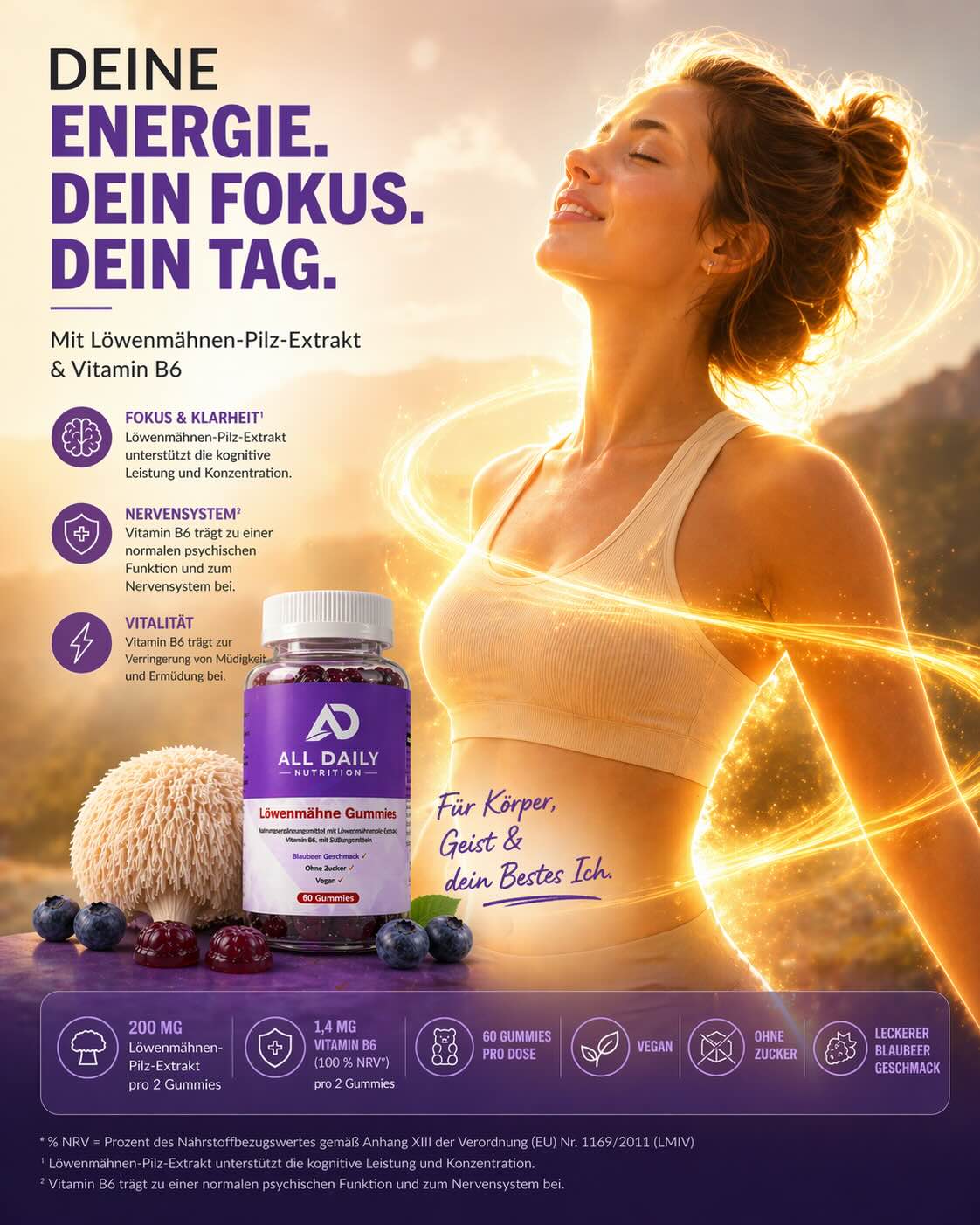 Löwenmähne + Vitamin B6 Gummies - 60 Stk.