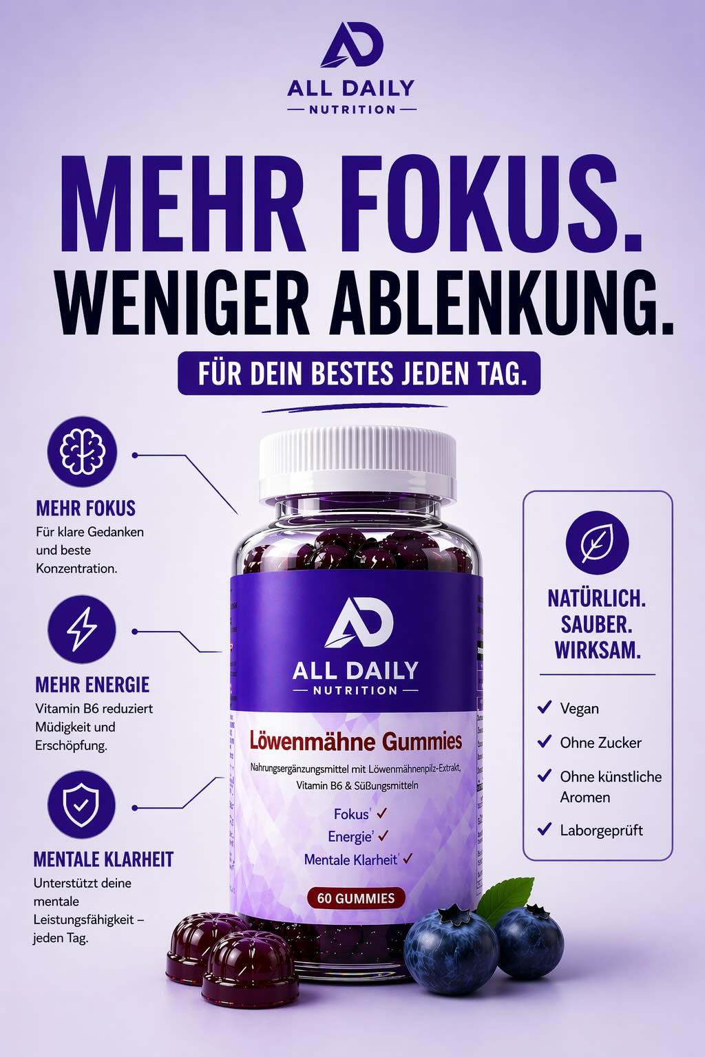 Löwenmähne + Vitamin B6 Gummies - 60 Stk.