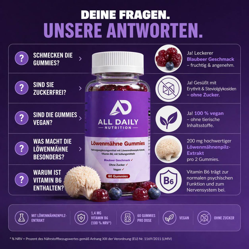 Löwenmähne + Vitamin B6 Gummies - 60 Stk.