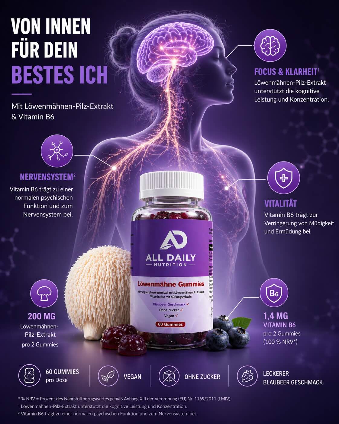 Löwenmähne + Vitamin B6 Gummies - 60 Stk.