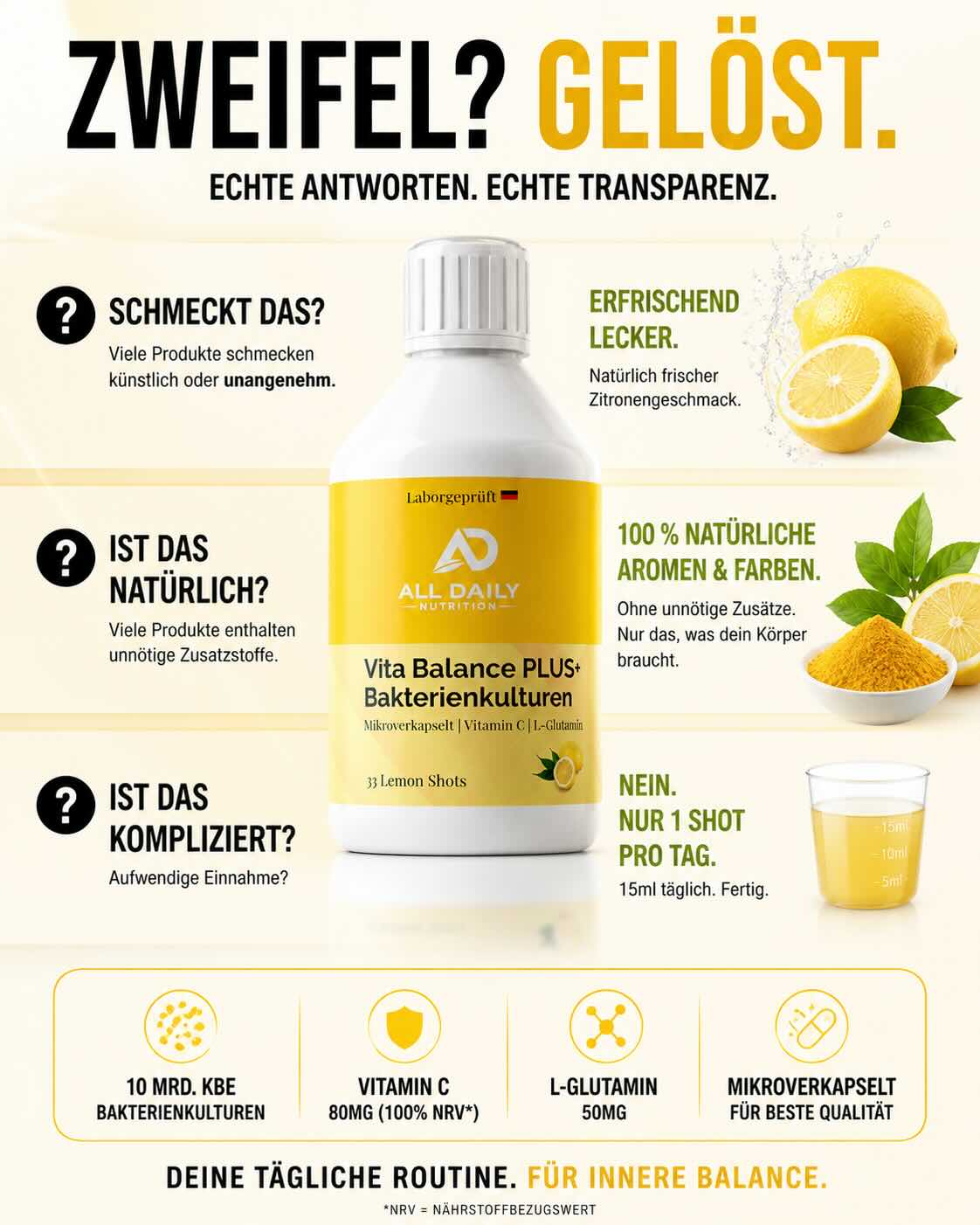 Vita Balance PLUS+  Bakterienkulturen - 33 vegane Lemon Shots - 500ml