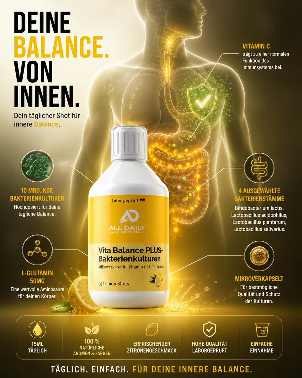 Vita Balance PLUS+  Bakterienkulturen - 33 vegane Lemon Shots - 500ml